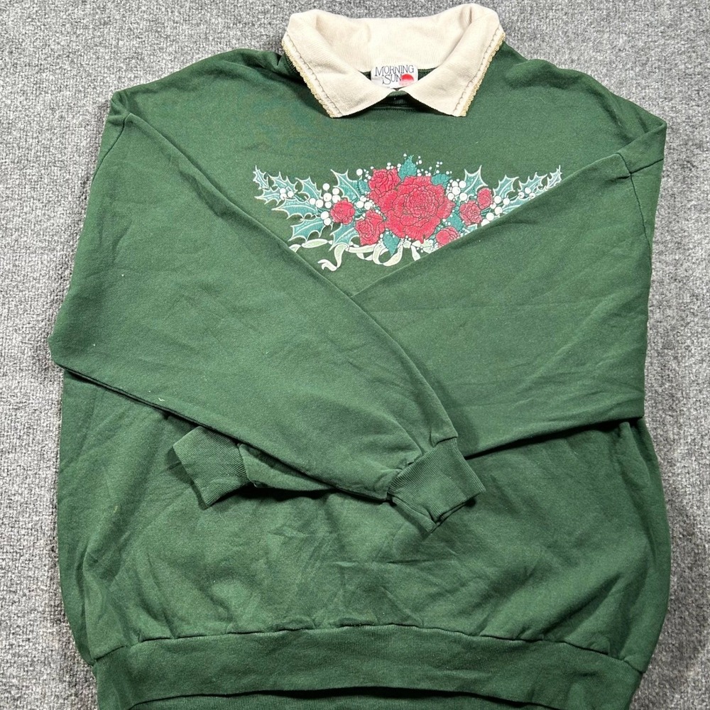 Morning Sun Sweatshirt Womens 2XL Green Floral Rose Contrast Collar Vintage USA